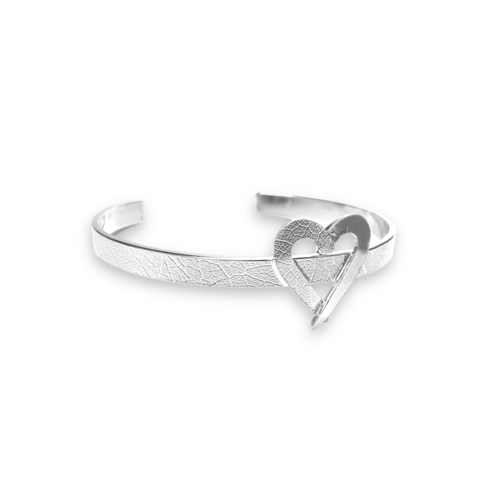 sterling silver heart bangle with leaf texture